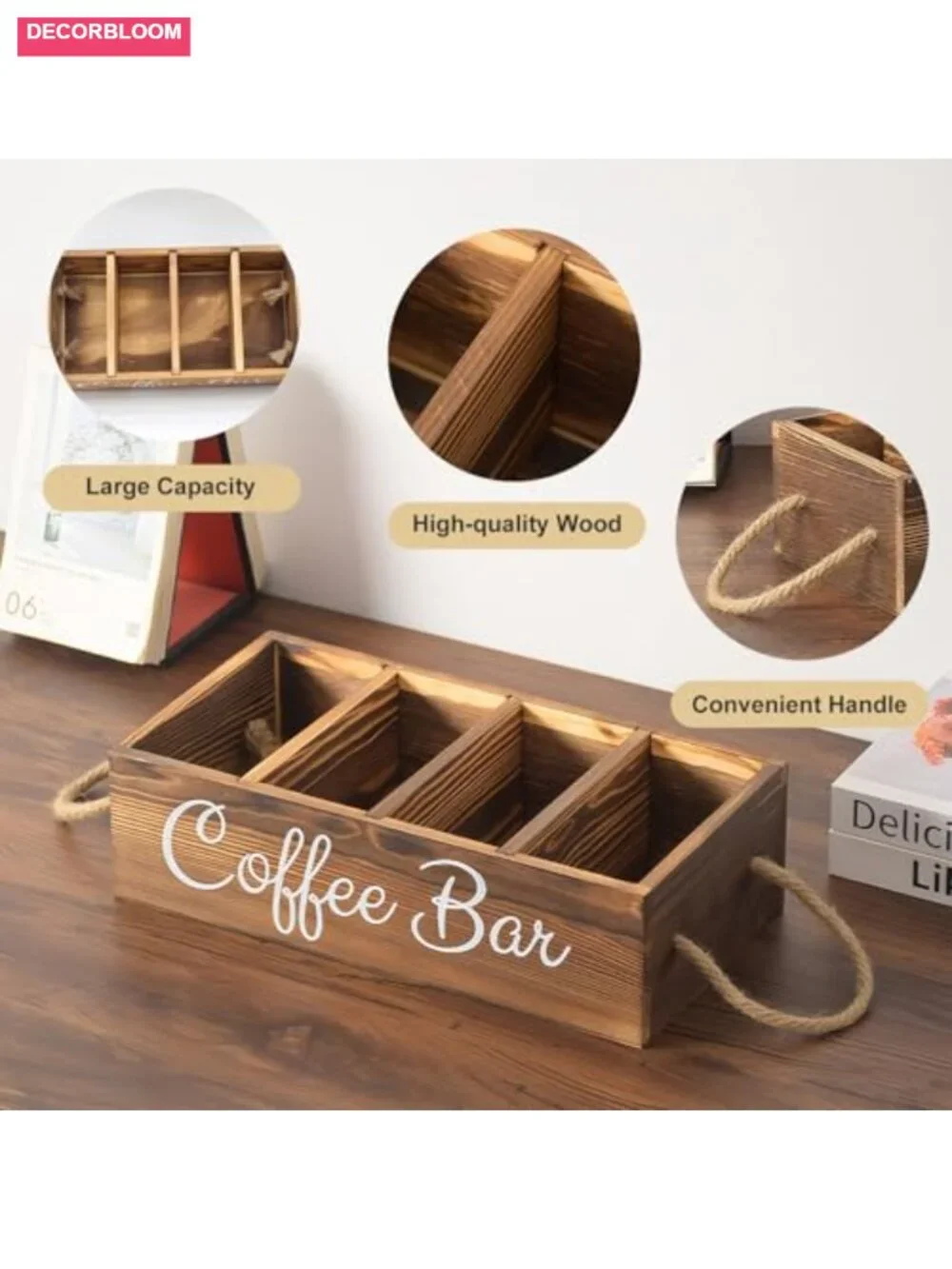 Rustic Wooden Coffee Pod Basket Organizer with Rope Handle